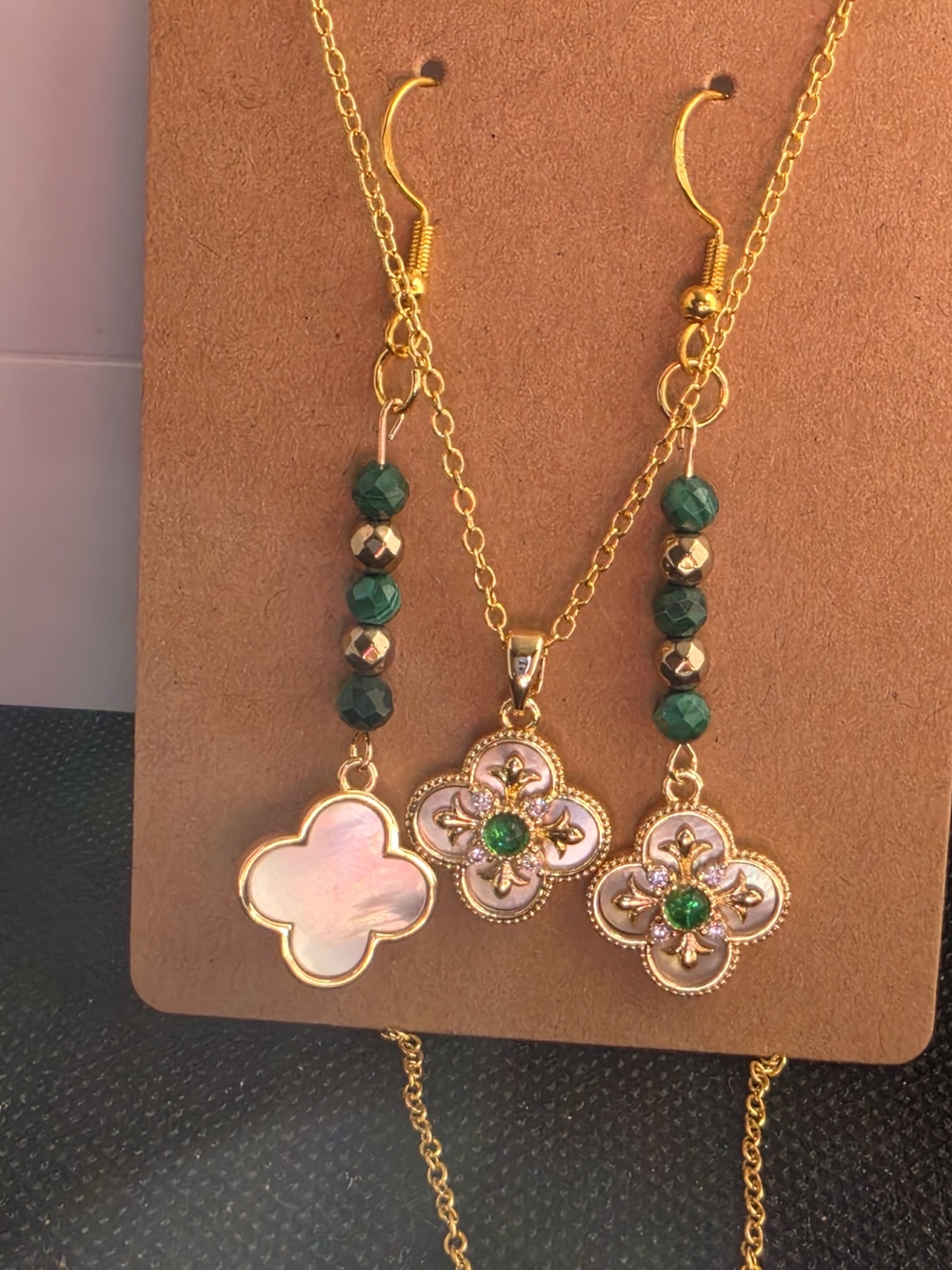 Gold-Tone Green & Mother-of-Pearl Clover Necklace and Malakite Earring Set
